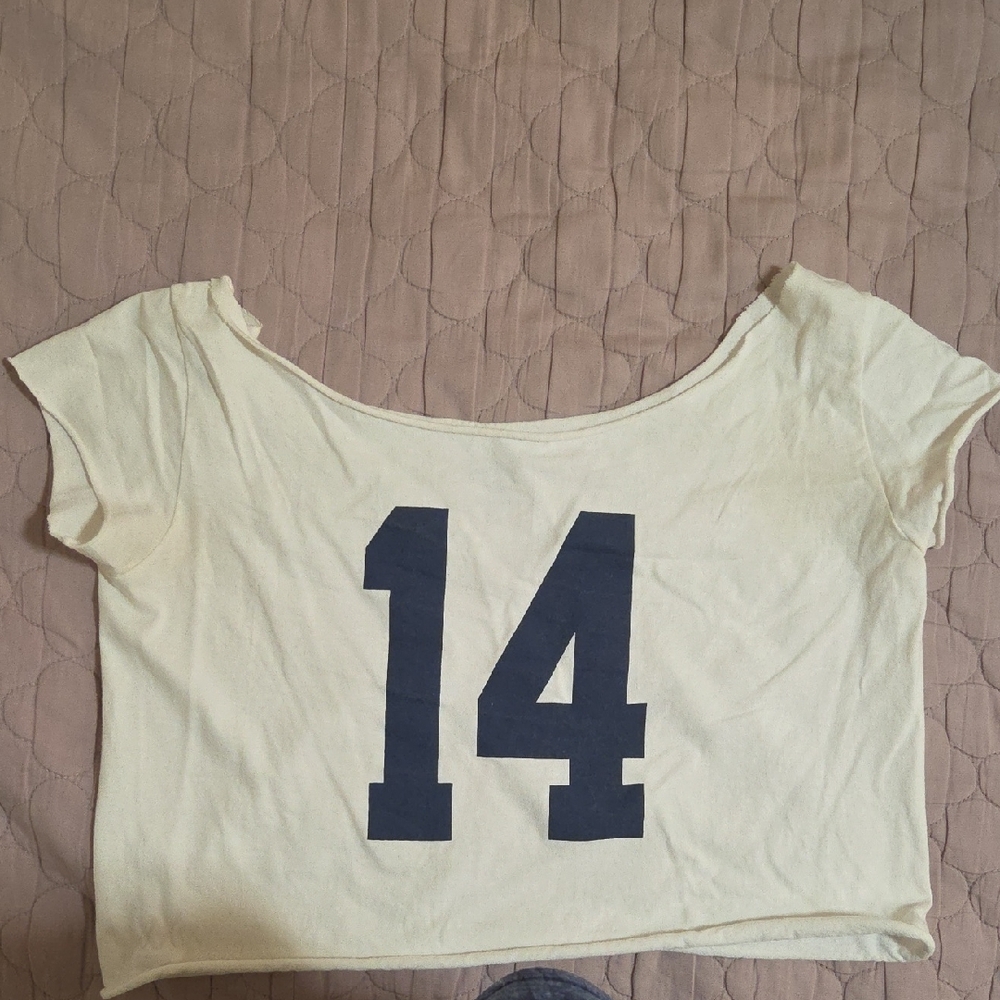 Brandy Melville Cream and Blue Crop T-Shirt Cap Sleeve